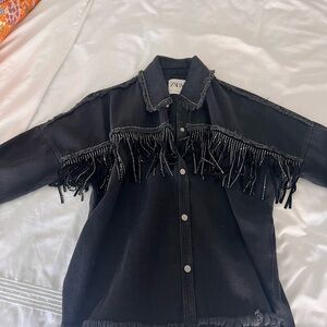 Zara Black Fringe Denim Jacket
